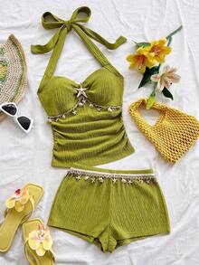 Conjunto de 2 piezas de top halter sin espalda y shorts, conjunto de ropa para vacaciones - Verde 2 - Ver 1