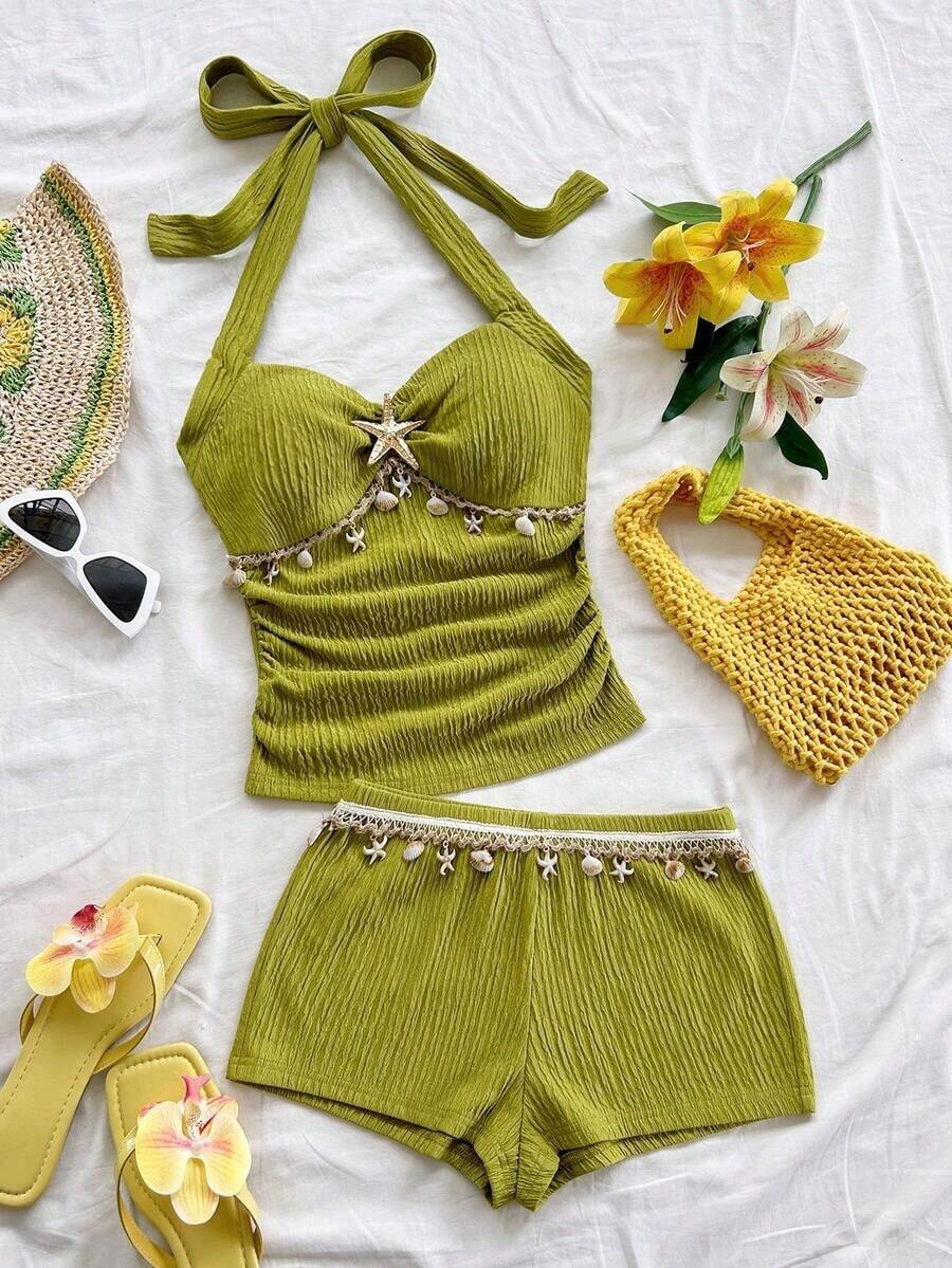 Conjunto de 2 piezas de top halter sin espalda y shorts, conjunto de ropa para vacaciones - Verde 2 - Ver 1