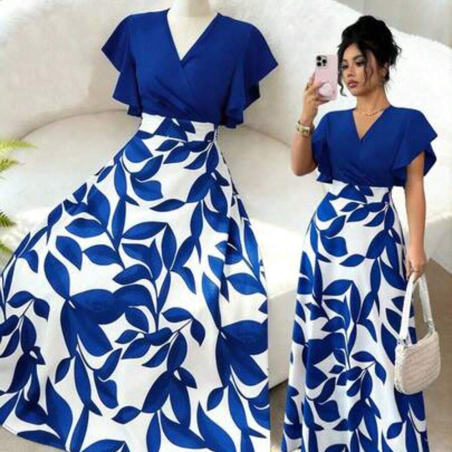 Vestido ajustado y acampanado con volantes y mangas de capa, con estampado de hojas de color rojo burdeos, para primavera/verano - Azul - Ver 1