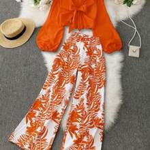 2 Pieces Women Solid Color Long Sleeve Shirt & Long Pants Set, Summer Fashion Fall Cloth For Women - Naranja - Ver 1