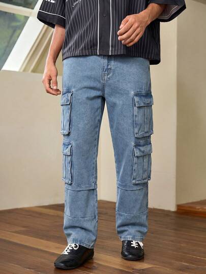 Open Phase Pantalones cargo con múltiples bolsillos y diseño estructurado para hombres, pantalones vaqueros rectos de color azul con diseño funcional, pantalones casuales de corte holgado para uso al aire libre