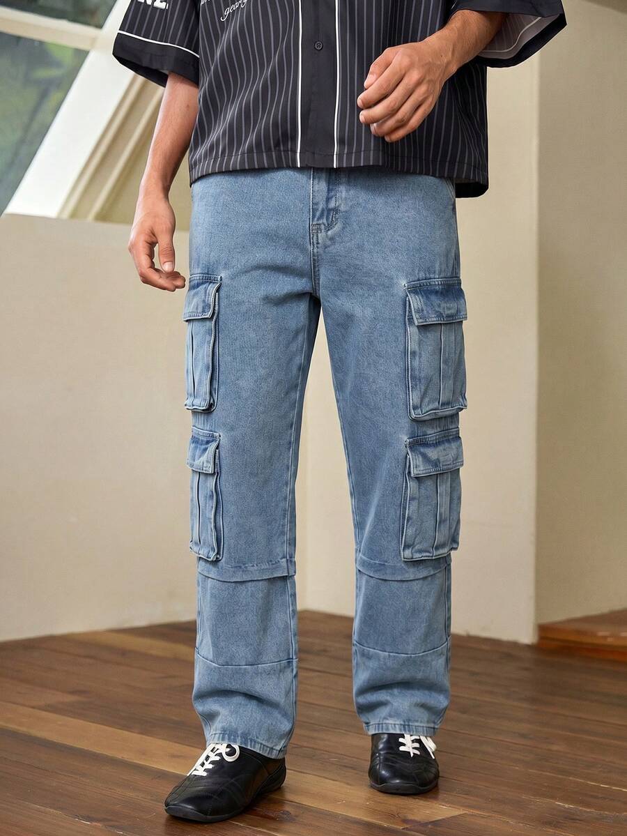 Open Phase Quần cargo nam nhiều túi, quần jeans ống đứng màu xanh dương với thiết kế tiện dụng, quần rộng rãi thoải mái dành cho hoạt động ngoài trời. - Màu xanh lam - Xem 1