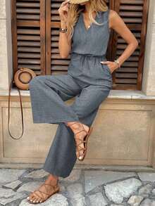 Mono de mujer sin mangas, con cuello en V, de tela texturizada, tipo body con bolsillos, estilo vacacional - Gris - Ver 5