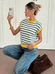 Blusa de punto de manga de murciélago con rayas de color contrastante, casual de verano para mujer - Multicolor 4 - Ver 6