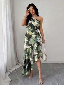 Vestido de mujer con un hombro, estampado teñido difuminado y diseño de volantes en el bajo irregular, vestido de primavera/verano, diseño de bajo irregular, elegante y de moda, adecuado para uso diario, bodas, banquetes, viajes diarios, fiestas de graduación, eventos festivos, vacaciones - Verde - Ver 7