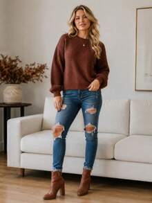 Women's Blouse Puff Sleeve Thick Round Neck Winter Knit - Rust Brown - View 6
