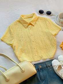 Camisa de punto de lima con botones y mangas cortas para el verano - Amarillo claro - Ver 4