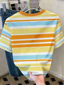 Camiseta de mujer casual de verano con bloques de color, rayas y estampado de limón - Blanco 3 - Ver 2