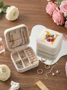 Beige Portable Storage Box - Personalized Letter Gift Box Suitable For Women, Multi-Compartment Jewelry Organizer Suitable For Earrings And Necklaces, Small Zippered Storage Box With Velvet Lining, Travel Storage Box Perfect For Bridesmaid Gifts And Friends - Bow - View 31