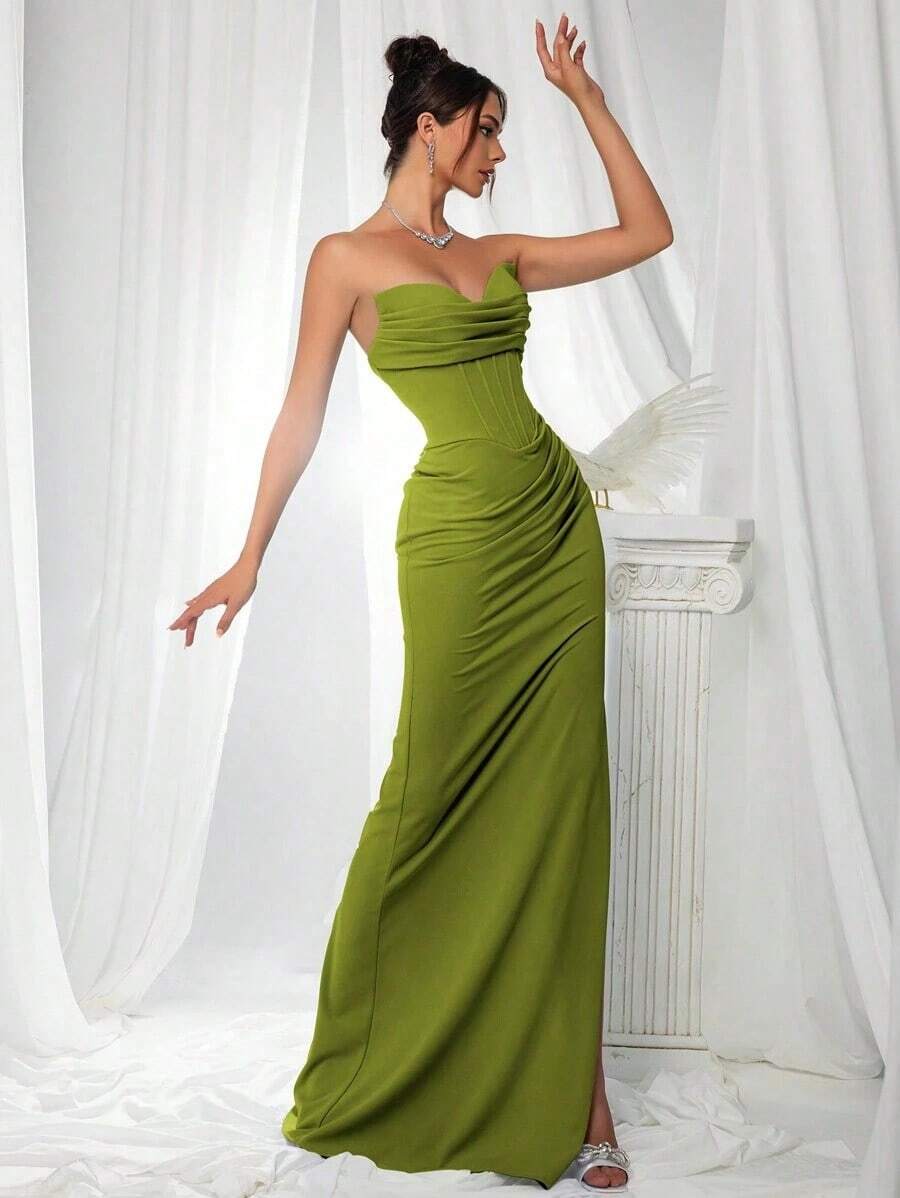 Elegante vestido de dama de honor: vestido de satén ajustado sin tirantes, combinado con una parte superior que ciñe la cintura y una cintura drapeada - Vestido de noche formal y lujoso minimalista, adecuado para el atuendo de invitado de boda en - Mostaza Amarilla - Ver 1