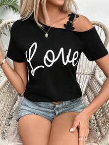 Camiseta de manga corta de verano para mujer con estampado de letras y parche de encaje en los hombros, camisetas gráficas para mujer - Negro - Ver 4