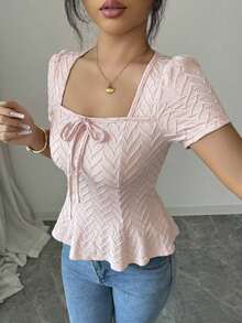 Camiseta de mujer de unicolor con cordones, versátil para uso diario - Rosa - Ver 5