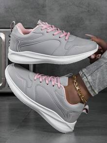 Dn. Monkeys Damen Casual Sport Sneaker, leicht zu reinigende weiße Schuhe, rutschfeste und strapazierfähige Schnürschuhe zum Laufen - graues Pulver - Übersicht 3