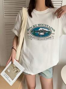 Camiseta de manga corta con cuello redondo y estampado gráfico moderno de montaña nevada con letras verdes Y2K para verano, top de mujer elegante y versátil Ideal para todas las estaciones Recomendado por mucha gente IKPK - Blanco - Ver 1