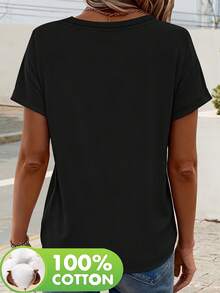 Women's Short-Sleeved T-Shirt Made From 100% Pure Cotton With A Heart Print - Comfortable, Versatile, Casual Crew Neck T-Shirt, A Spring And Summer Staple, Machine Washable, An Essential Everyday T-Shirt With A Soft Texture - 黑色 - 查看 2