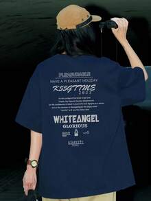 Women's Short Sleeve T-Shirt, Summer Design, Slim Fit, Cartoon Print, Short Sleeve T-Shirt, Sheer Short Sleeve T-Shirt, Top, Undershirt #3333 - 海軍藍 - 查看 1