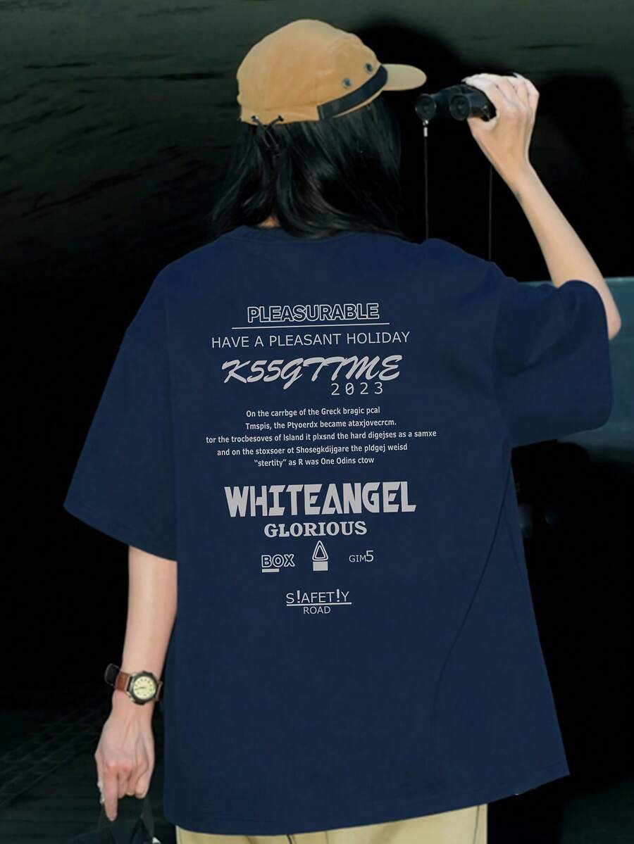 Women's Short Sleeve T-Shirt, Summer Design, Slim Fit, Cartoon Print, Short Sleeve T-Shirt, Sheer Short Sleeve T-Shirt, Top, Undershirt #3333 - 海軍藍 - 查看 1