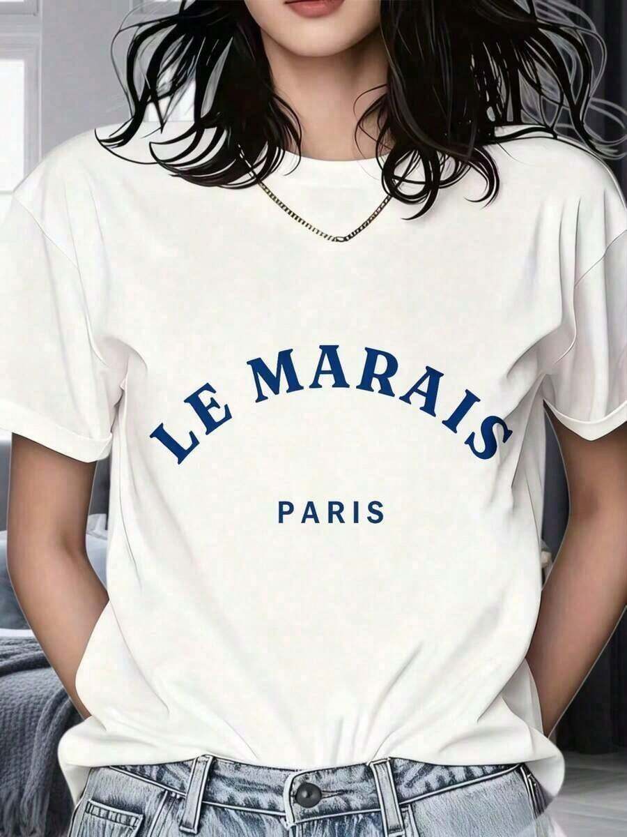 Regalos para Madres, Camiseta de Algodón Unisex Le Marais Paris, Ropa de Calle para Hombres y Mujeres, Top Casual de Moda, Camiseta con Estampado Gráfico Blanco y Azul, Ropa para Salir, Ropa de Mujer - Blanco - Ver 1
