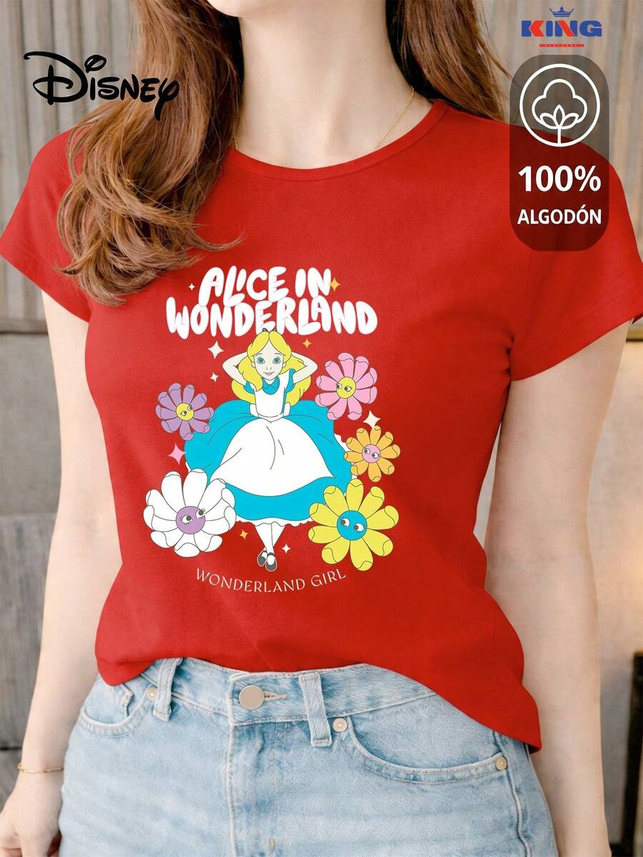 Women's T-Shirt Made Of 100% High-Quality Cotton. This T-Shirt Guarantees Exceptional Softness To The Touch, With A Round Neck, "Disney Alice In Wonderland Girl" Print, And Short Sleeves. - 紅色 - 查看 1