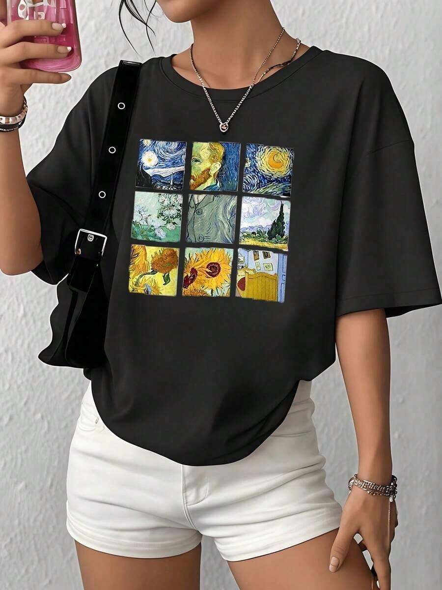 100% Cotton. Artistic Images Reflecting The Beauty Of The Starry Sky Alongside Sunflowers And Vibrant Landscapes In An Inspiring Composition. Women's 100% Soft And Comfortable Cotton T-Shirt. Women's Simple Solid Color T-Shirt, Loose And Slim Fit Casual Short Sleeve - 黑色 - 查看 1