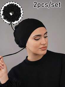 2pcs/Set Women's Fashion Solid Color Elastic Headband Set, Turban Headscarf Combination Suitable For Daily Wear - 2pcs/set - Elastic Cap + Hair Tie - View 4