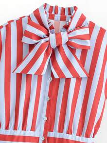 ZAHM Red And White Striped Bow Collar Sleeveless Ruffle Top Summer - Red - View 10