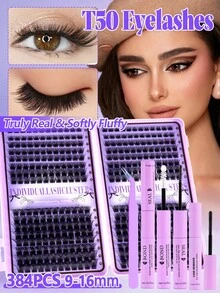 MEM Kit de 384 piezas de pestañas postizas en racimo D Curl esponjosas para principiantes, herramientas completas y tutorial, pestañas 3D naturales reutilizables para maquillaje diario, bodas y fiestas - Negro - Ver 2