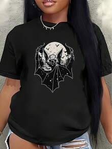 Camiseta de manga corta ligera y duradera, con diseño de murciélago y luna, perfecta para el ocio en casa o para comer, ofreciendo una experiencia de uso diario cómoda.blusas para mujer>ropa - Negro - Ver 1
