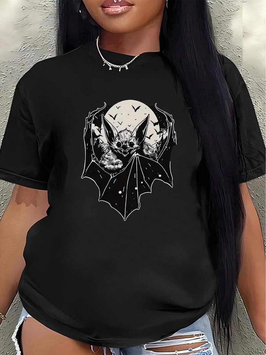 Camiseta de manga corta ligera y duradera, con diseño de murciélago y luna, perfecta para el ocio en casa o para comer, ofreciendo una experiencia de uso diario cómoda.blusas para mujer>ropa - Negro - Ver 1