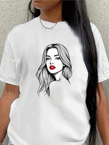 Camiseta de manga corta ligera y duradera, con diseño estampado, perfecta para el ocio en casa o salidas a comer fuera, que muestra un moderno retrato femenino.blusas para mujer>ropa - Blanco - Ver 7
