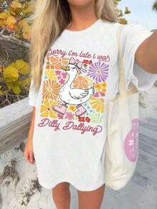 Women's Short-Sleeved T-Shirt, 100% Cotton. Sorry I'm Late, I Was Wasting Time. Casual Short-Sleeved T-Shirt With A Round Neck And Goose Print For Moms, Loose Fit, Bohemian Style. Casual Short-Sleeved T-Shirt With A Floral Print, Spring/Summer Style. 100% Cotton - 黑色 - 查看 11