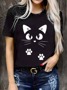 2026Camiseta Casual de Talla Grande para Mujer con Diseño de Gato y Huella - Cuello Redondo Ajustado, Mangas Cortas, Ideal para Primavera/Verano, Lavable a Máquina, Moda de Verano, Estilo Casual Moderno, Material Elástico, Camisetas de Talla Grande2026 - Negro - Ver 1