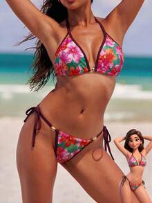 Conjunto de bikini de verano 2026 para mujer con estampado floral, escote halter y lazos, para vacaciones - Multicolor - Ver 2