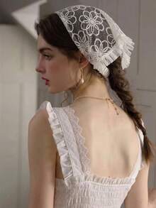 1pc Women's Handmade Embroidered Ruffled Headwrap, Suitable For Daily Wear And Vacation - White - View 3