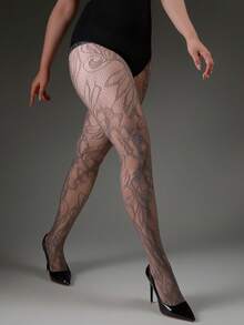 1pc Plus Size Elastic Skinny Pants, Vintage Gray Floral Jacquard Hollow Fishnet Stockings, Sexy Rebellious Style, Suitable For Spring/Summer, Y2K Fashion, Versatile, Halloween Costume, Suitable For Outings, Vacations, Dates, Social Occasions - Grey - View 3