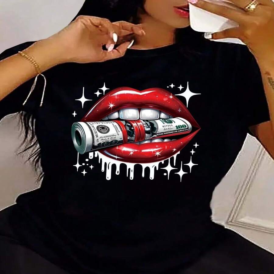 Women's Black Cotton Round Neck T-Shirt With Money Lips Graphic Print, Short Sleeve Casual Sexy Top, High Stretch Regular Fit - 黑色 - 查看 1