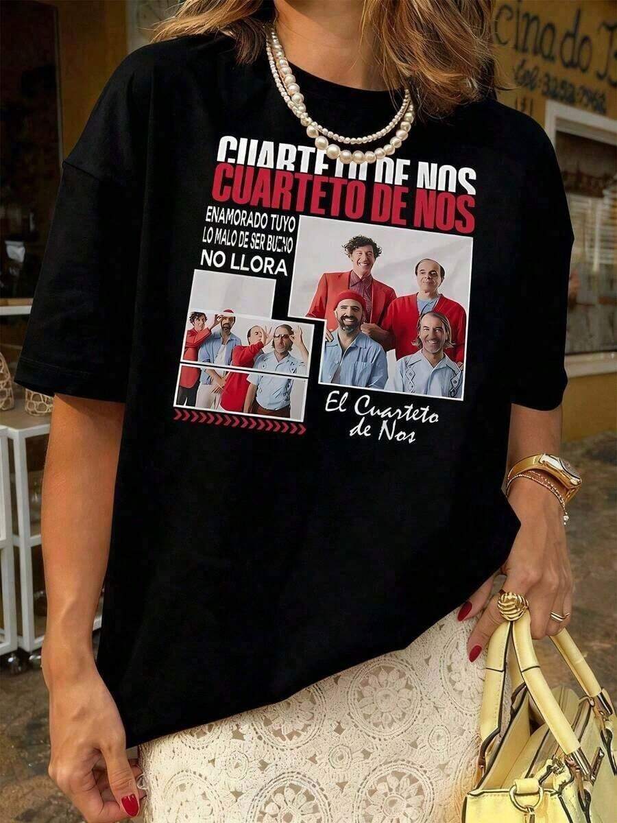 SimpieAndVersatileDesignCuarteto de Nos músicos uruguayos camiseta para mujer con impresión que captura momentos de creatividad y camaradería prenda ideal para fans de la banda,playera de mujerCottonT-Shirt - Negro - Ver 1