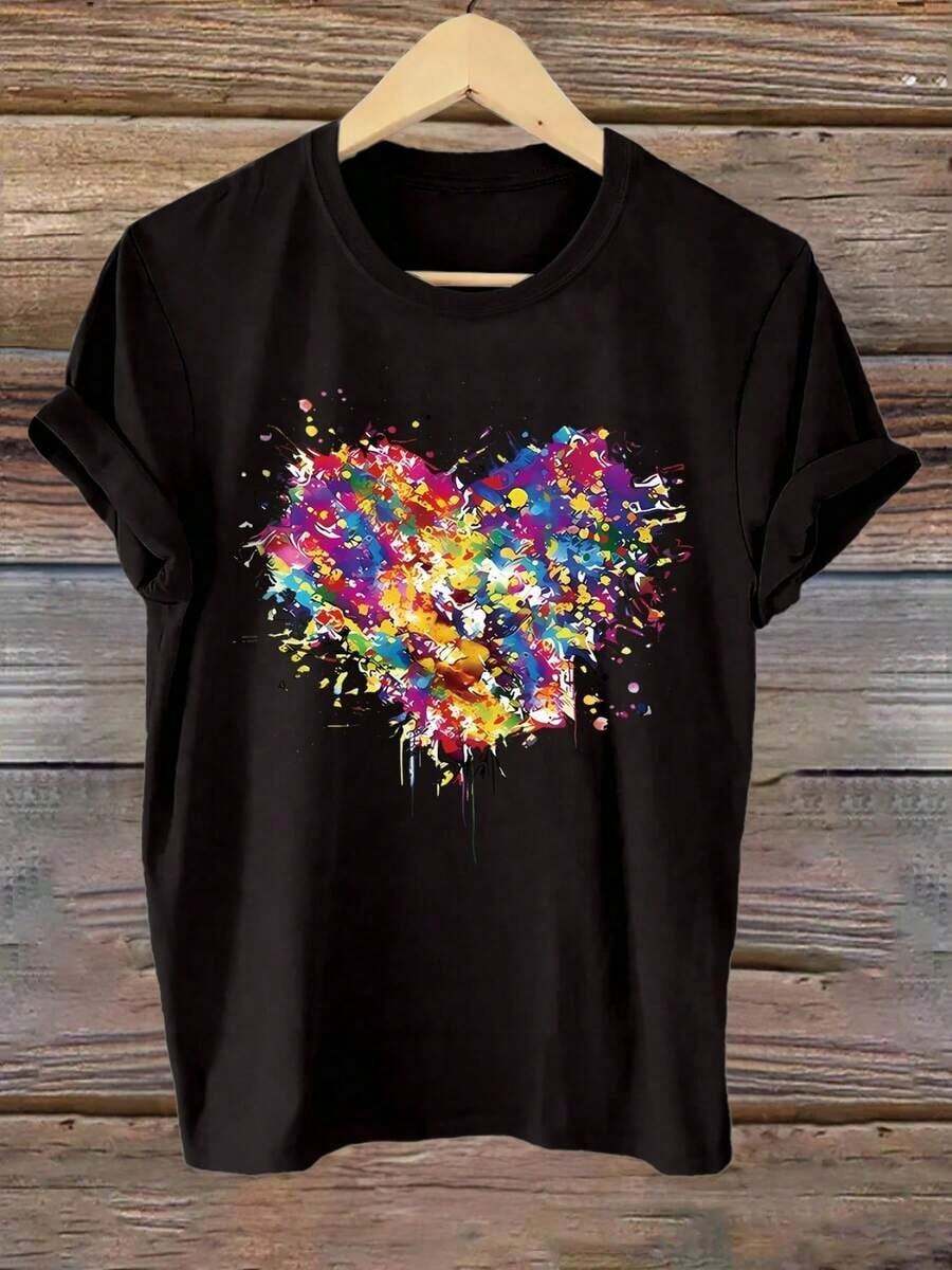 Heart Print T-Shirt, Short Sleeve, Round Neck, Casual Top For Spring And Summer, Women's Clothing. - 黑色 - 查看 1
