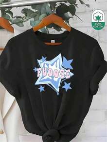 Fashionable Printed Short-Sleeve T-Shirt For Women, 100% Cotton, With Star And Letter Prints, Comfortable, Loose, Breathable, Suitable For Travel, Vacation And Daily Wear, Ideal For Women, Family And Friends, Round Neck Design, Machine Washable, Comfortable In All Seasons, For Daily Wear, Interesting Print Design, Suitable As A Holiday Gift, Soft Texture, Ladies' Top, A Hit. - 黑色 - 查看 7