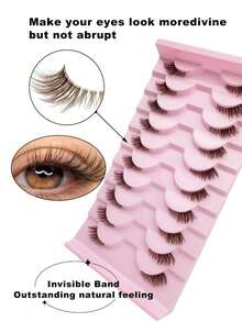 10 Pairs Brown Half-Eye False Eyelashes, Transparent Stem, Natural & Realistic, Enhance Eye Shape, Suitable For Daily Wear, Beginners, Vacation, Dates, Makeup - Brown - View 4
