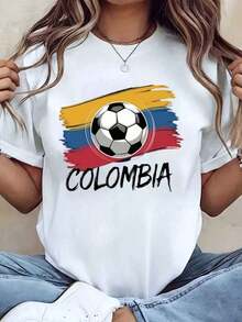 Women's T-Shirt With Soccer Ball And Colombian Flag Print, Round Neck, Regular Fit, Casual Wear, Gift For Soccer Fans - 白色 - 查看 6