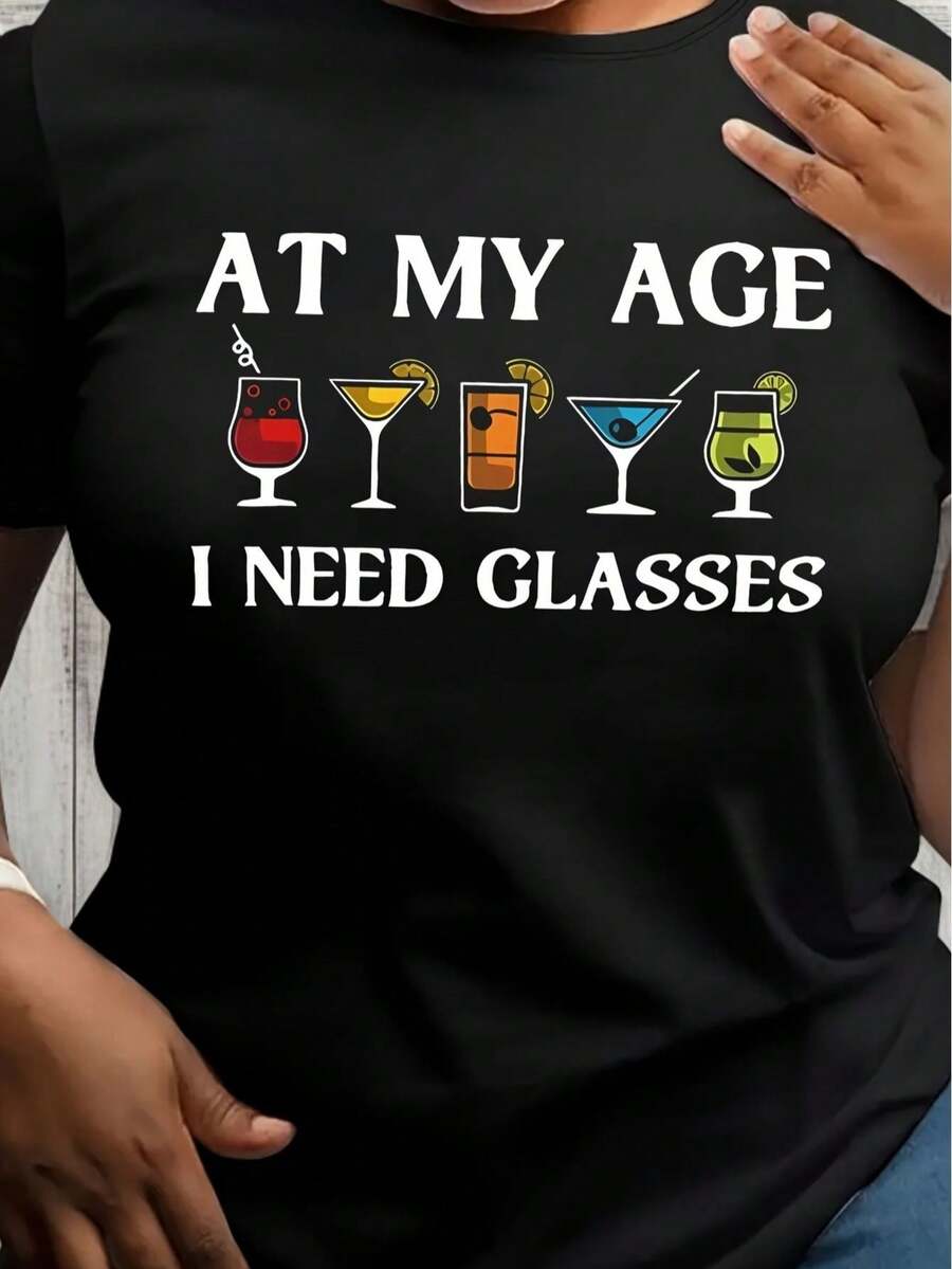Tallas Grandes, Ropa de Mujer de Tallas Grandes • A mi edad, necesito gafas Camisetas Estampadas con Diseños • Tops Casuales de Manga Corta y Cuello Redondo • Adecuado para Verano y Primavera - Negro - Ver 1