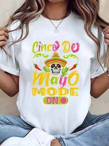 Cinco De Mayo Skull With Sombrero And Chili Peppers Print Women T Shirt Short Sleeve Round Neck blusas casuales para dama - Blanco - Ver 1