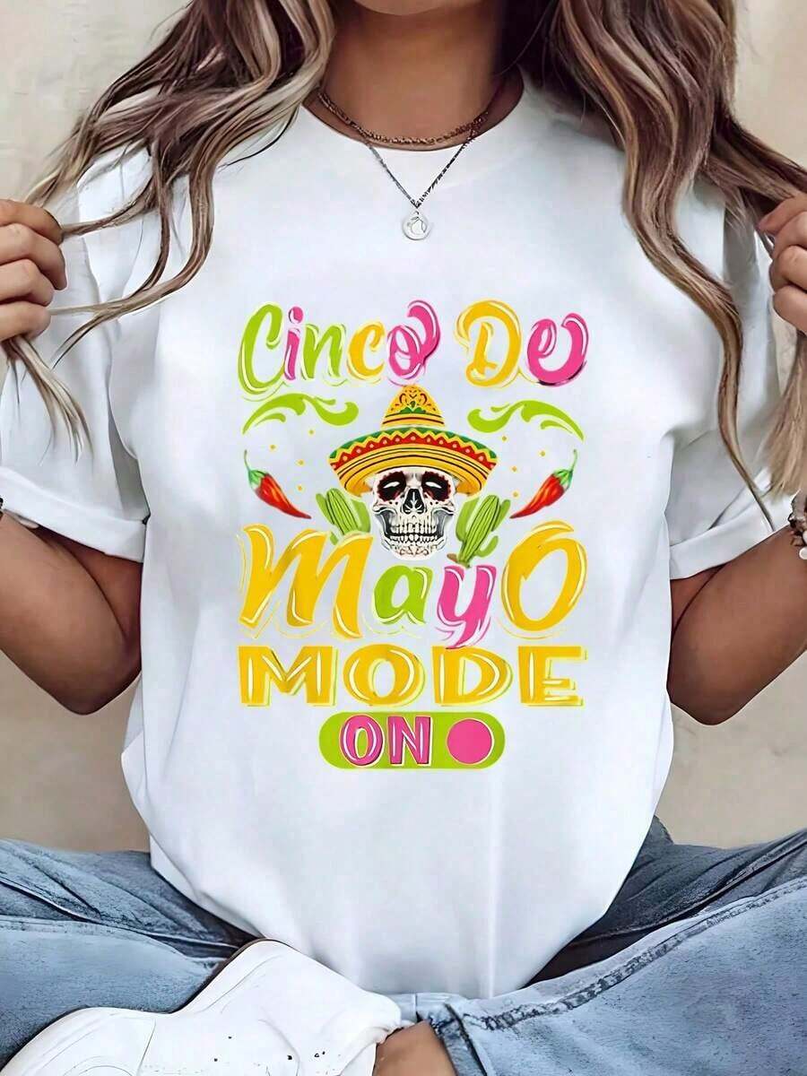 Cinco De Mayo Skull With Sombrero And Chili Peppers Print Women T Shirt Short Sleeve Round Neck blusas casuales para dama - Blanco - Ver 1