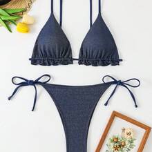 Classic Solid Color Bikini Swimsuit, Best Seller For Women, Sexy Swimwear For Beach Vacation. - Blue - View 4