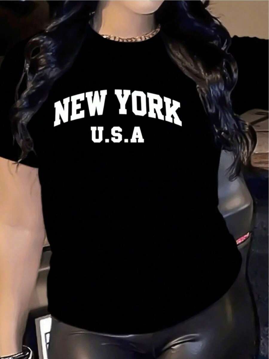 New Fashionable Women's T-Shirt With Round Neck And New York Letter Print, Short Sleeve T-Shirt For Women, Spring And Summer Casual Clothing, Modern And Elegant Blouse, Versatile Design Ready For Summer. - 黑色 - 查看 1