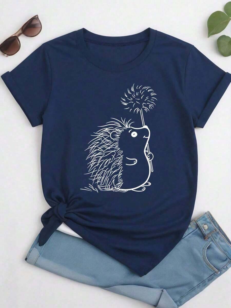 Plus Size Short Sleeve T-Shirt With Round Neck And Hedgehog Print, Suitable For Casual Summer Graphic T-Shirts For Women. - Navy Blue - View 1