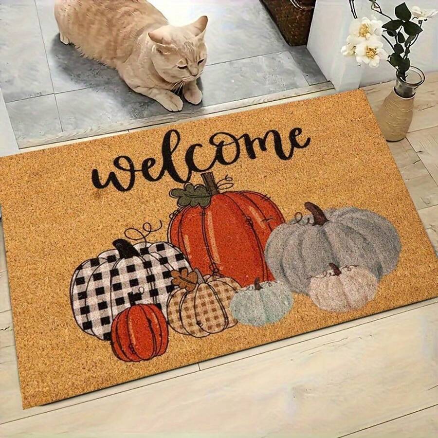 1pc Of A Front Door Mat Featuring An Autumn Harvest Pumpkin Design With A Plaid Pattern, Perfect For A Farmhouse Aesthetic. This Indoor Welcome Rug Is Made Of Soft Flannel Material, Non-Slip, And Suitable For Use In The Bedroom, Living Room - White - View 1