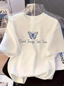 Camiseta casual de verano para mujer con estampado de mariposas de primera calidad, cuello redondo, ecológica. - Blanco - Ver 7