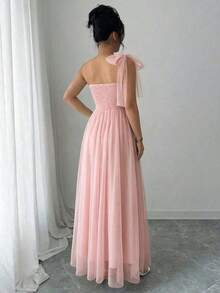 Elenzya Vestido elegante y romántico sin mangas con cuello halter, cintura con lazo y falda en línea A. Adecuado para bodas, fiestas y reuniones - Rosa coral - Ver 2